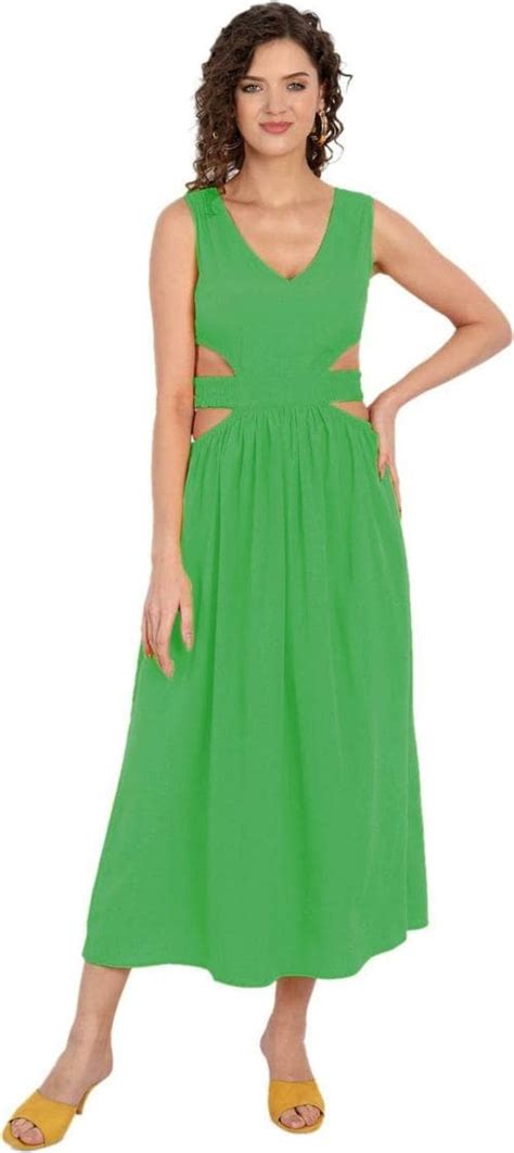 Buy MINGLAY Women Green Solid Crepe Fit And Flare Dress Online At Best