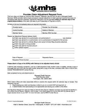 Fillable Online Provider Claim Adjustment Request Form Mhs Indiana