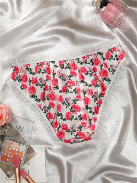 Floral Roses Butterflies White Frilly Flowers Satin Sissy Bikini Panty