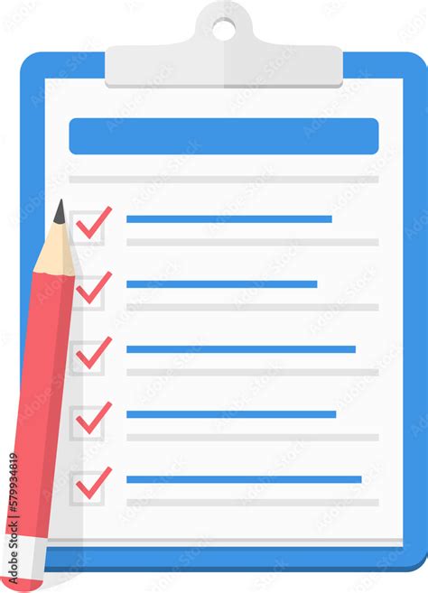 Check List On Clipboard With Five Check Boxes And Red Pencil Stock