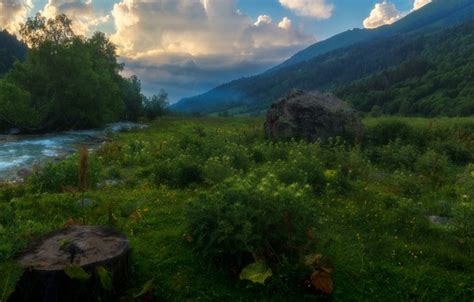 Wallpaper Clouds Landscape Mountains Nature Fog Stream Stone