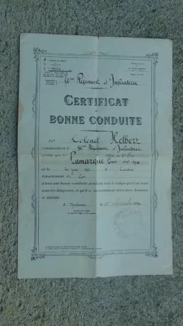 Certificat De Bonne Conduite Soldat Du Me R Giment Infanterie