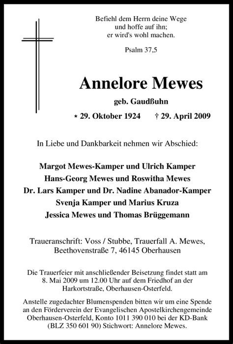 Traueranzeigen Von Annelore Mewes Trauer In NRW De