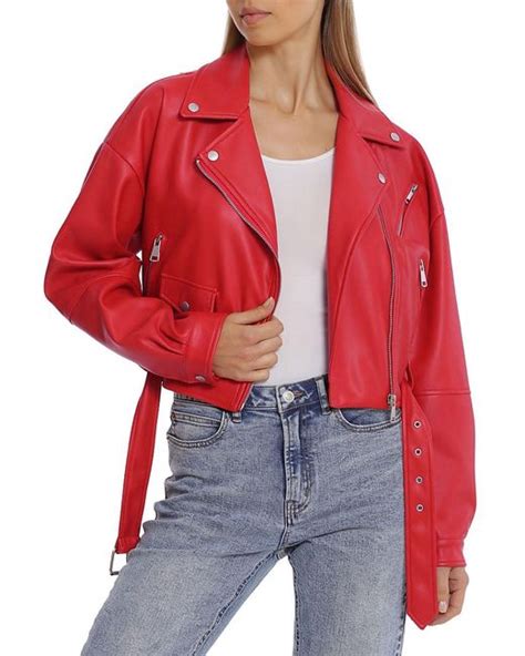 Avec Les Filles Cropped Faux Leather Belted Biker Jacket In Red Lyst