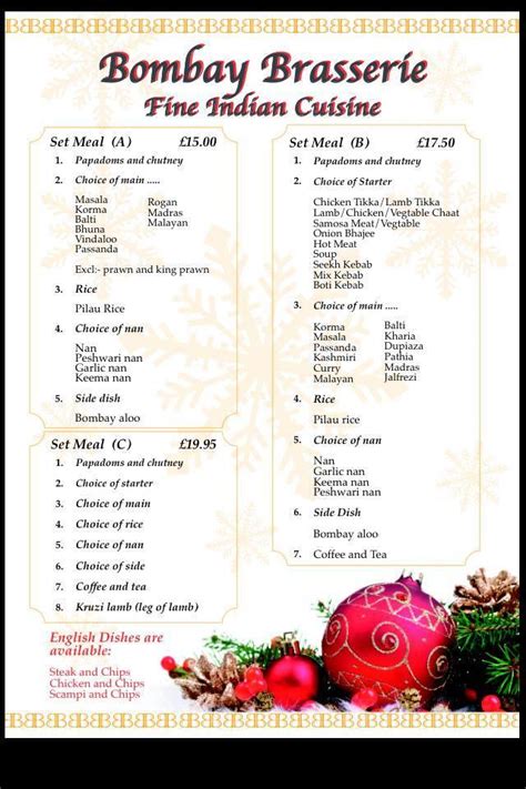 Menu at Bombay Brasserie restaurant, Grantham