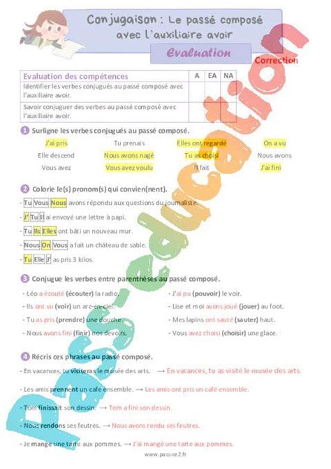 Le Passé Composé Avec Lauxiliaire Avoir Évaluation De Conjugaison Pour Le Ce2 Pdf à