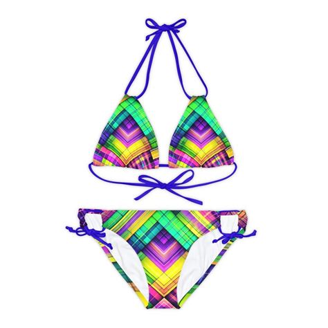 Neon Plaid Pattern Bikini Neon Swimwear Trendy Bathing Suit Gift For Her Bright Color