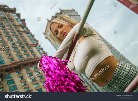 Blonde Model Sexy Cheerleader Leaned On Stock Photo 2048913899 Shutterstock