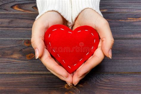 A Woman Holds A Red Heart In Her Hands Love Concept Stock Image