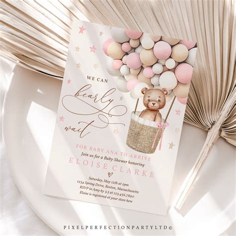 Editable Teddy Bear Hot Air Balloon Baby Shower Invitation Girl Pink Teddy Bear Baby Shower We