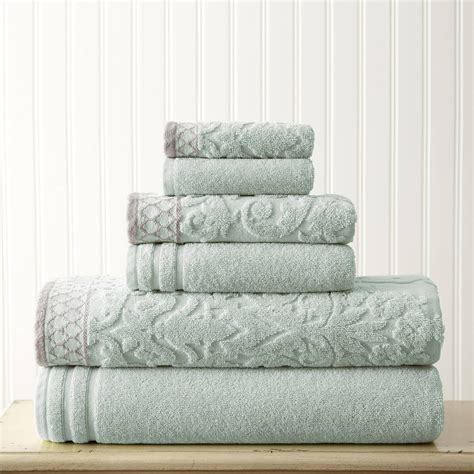 Modern Threads 6 Piece Bath Towel Set 100 Cotton Jacquard Border Light Blue