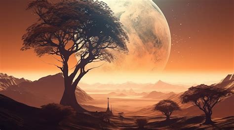 Premium Ai Image Fantasy Landscape With Tree And Full Moon Generative Ai