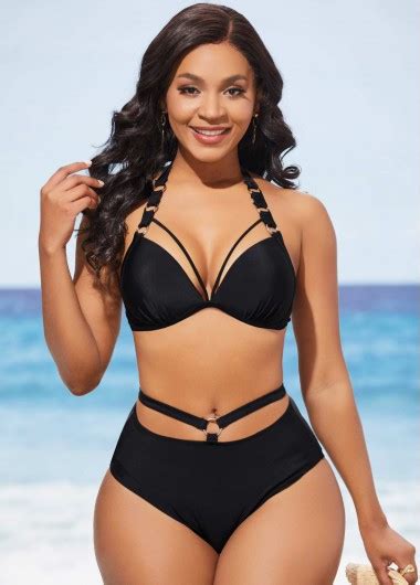 High Waisted Black Halter Metal Ring Detail Bikini Set Modlily