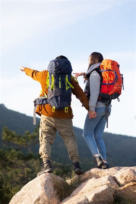 Back View Of Active Friends Hiking Stock Image Image Of Friendship