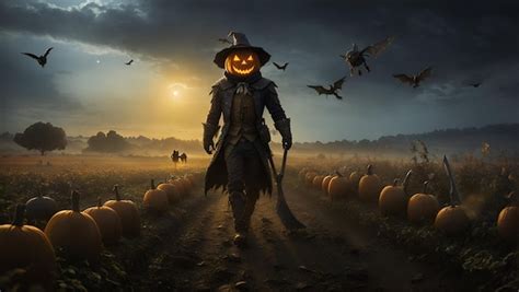 Premium AI Image | A pumpkin scarecrow walk on a moonlight night halloween scenery