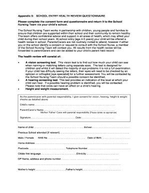 Fillable Online Appendix 5 SCHOOL ENTRY HEALTH REVIEW Fax Email Print