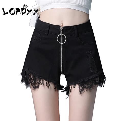 Lordxx Black Front And Back Zipper Jean Shorts Summer New Sexy Ripped Lace Trim Denim Shorts