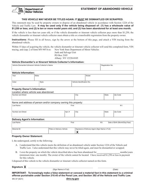 NYS DMV Form MV 37 Statement Of Abandoned Vehicle Forms Docs 2023