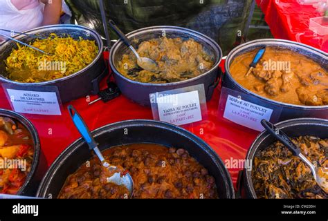 Paris France Detail Prepared African Food On Display Stall In Outdoor