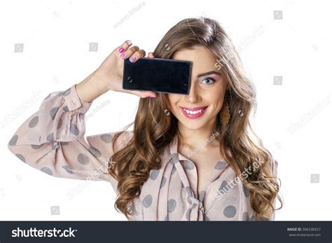 Sexy Brunette Showing Smart Phone Isolated Stock Photo 306338327 Shutterstock
