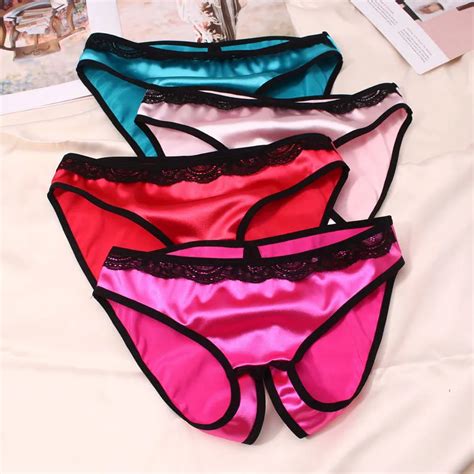 Women Silk Satin Crotchless Thong G String Erotic Panties Low Rise Lingerie Female Underwear