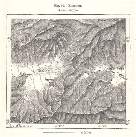 Erzerum Environs Turkey Sketch Map Old Antique Vintage Plan Chart