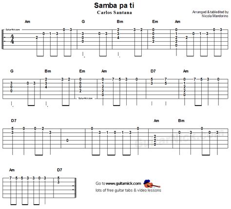 Samba Pa Ti Santana Guitar Tab With Melody And Chords Guitar Tabs