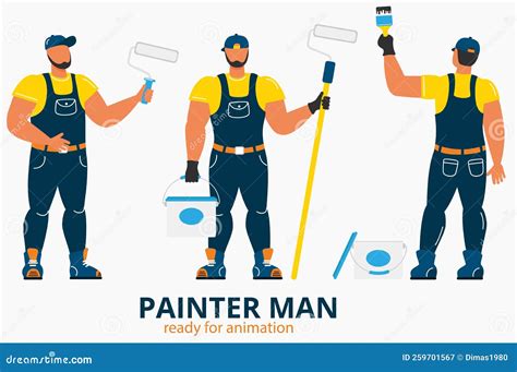 Painter Man In Uniform Holding Paint Roller Stock Vector Illustration