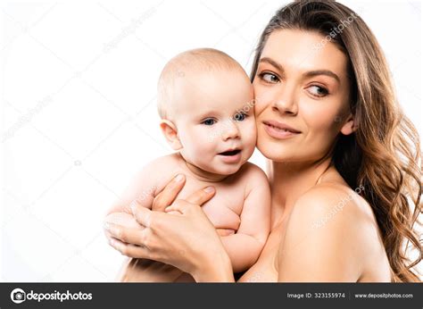 Portrait Naked Mother Holding Happy Baby Boy Isolated White Stock Photo IgorVetushko 323155974