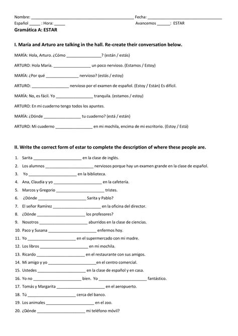 Estar Spanish Grammar A 1 Worksheet Artofit