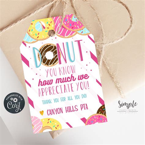 Printable Teacher Appreciation Donut Tags Cute Donut Thank You Tag For