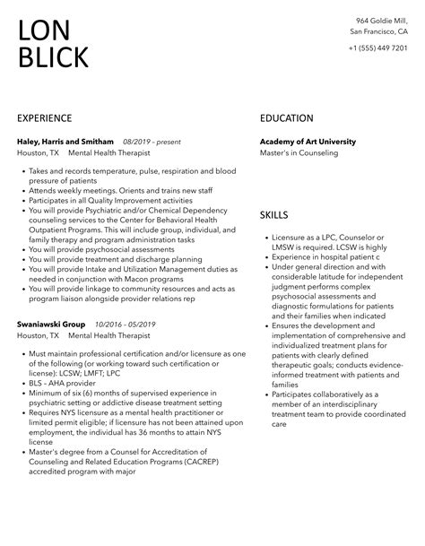 Mental Health Therapist Resume Samples Velvet Jobs