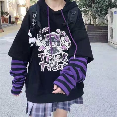 Stripes Anime Kawaii Harajuku Hoodies Women Punk Fleece Emo Alt