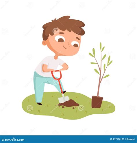 Ni O Plantando Rbol Ni O Cavando Agujero Dibujos Animados Beb Planta