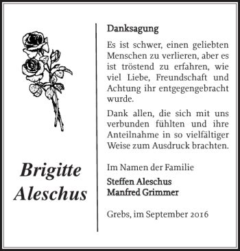 Traueranzeigen Von Brigitte Aleschus Trauer Nordkurier