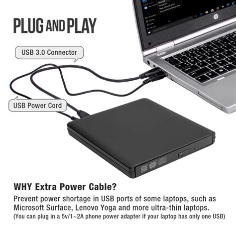 ROOFULL External DVD Drive with Power Supply Cable, Portable USB 3.0 CD ...