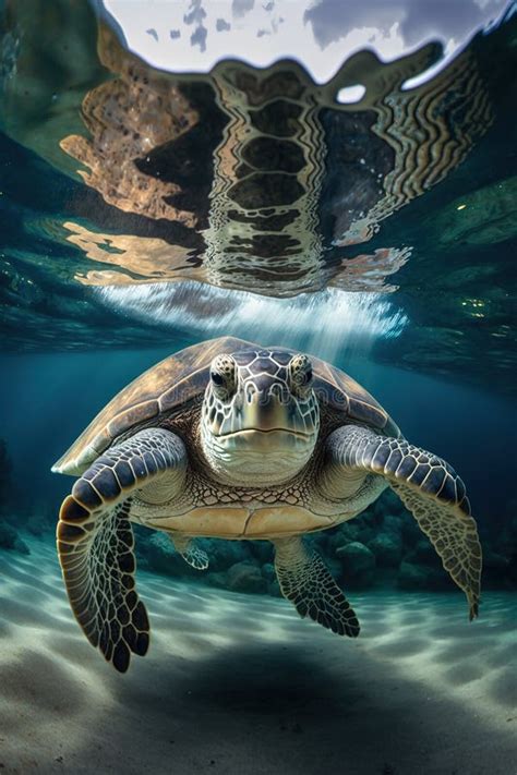 Sea Turtle Underwater In Tropical Sea With White Coral Sand Below