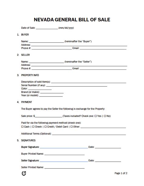 Free Nevada General Bill Of Sale Form PDF WORD RTF