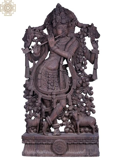 Venugopala Large Wooden Fluting Krishna Idol Exotic India Art