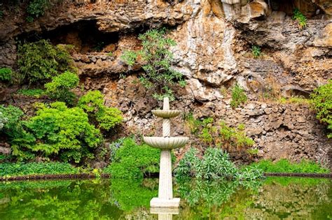 Premium Photo | A fountain in a pond with a rock wall behind it