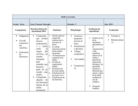 Malla Curricular Malla Curricular Grado Sexto Rea Ciencias