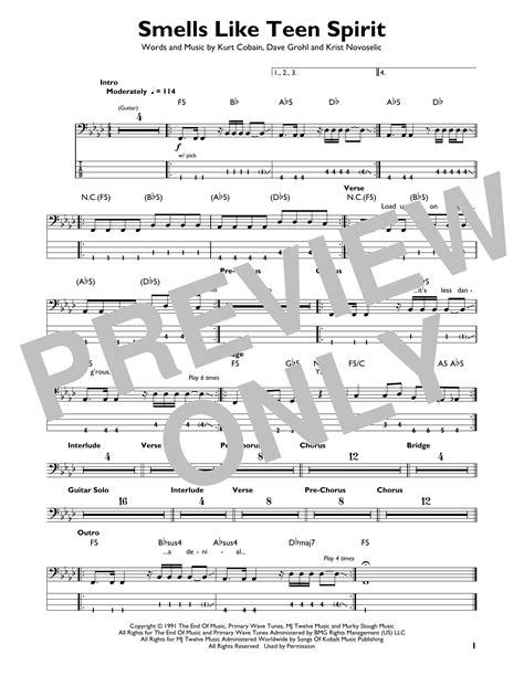 Smells Like Teen Spirit By Nirvana Sheet Music For Easy Bass Tab At Sheet Music Direct