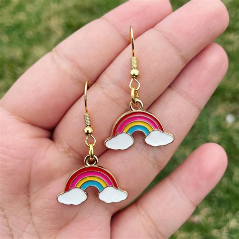 Rainbow With Cloud Dangle Earrings 14k Gold Plated Free Etsy