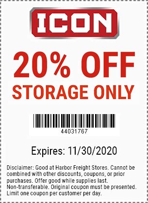 20% Off ICON Storage – Valid through 11/30/20 – Harbor Freight Coupons