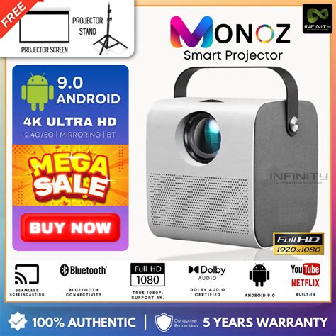 FREE STAND SCREENMONOZ 8000 Lumens Q3 PRO Projector 4k Ultra HD