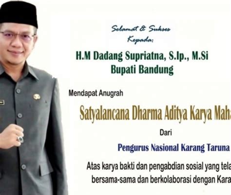 Bupati Dadang Supriatna Raih Penghargaan Satyalancana Dharma Aditya