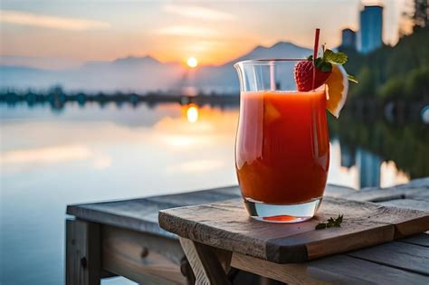 Premium AI Image A Glass Of Strawberry Juice With A Sunset In The