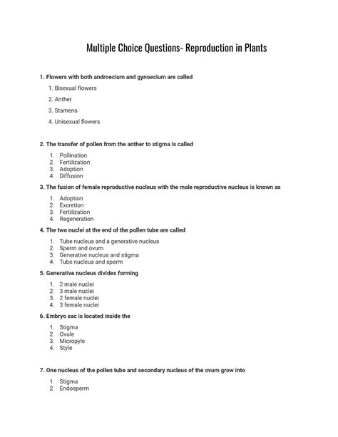 Mcq S Reproduction In Plants Multiple Choice Reproduction In Plants 1 Flowers With Both