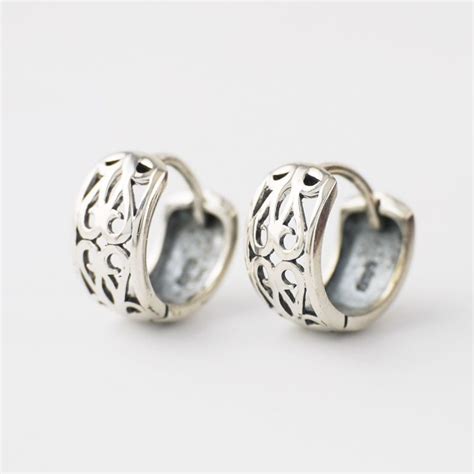 925 Sterling Silver Retro Filigree Huggie Hoop Earrings X1366 US