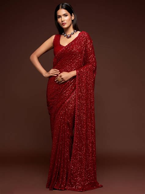 Buy Ruby Red Fully Sequined Georgette Party Wear Saree From Ethnicplus